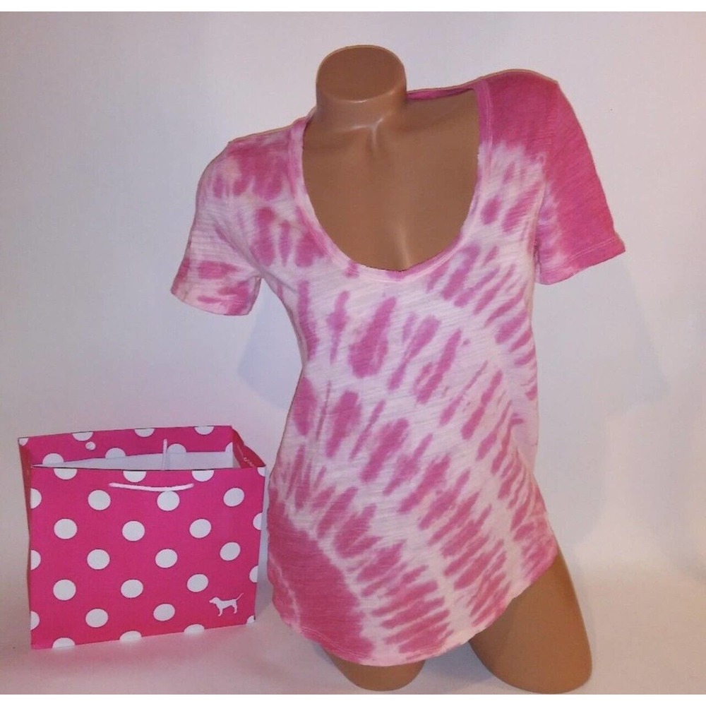 VICTORIA SECRET PINK Perfect Tee V-Neck T-Shirt TIE DYE Dog Logo XS X-SMALL